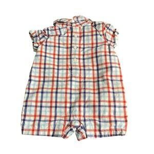 Janie and Jack blue red checkered short sleeve collar shorts one piece SIZE 0-3M